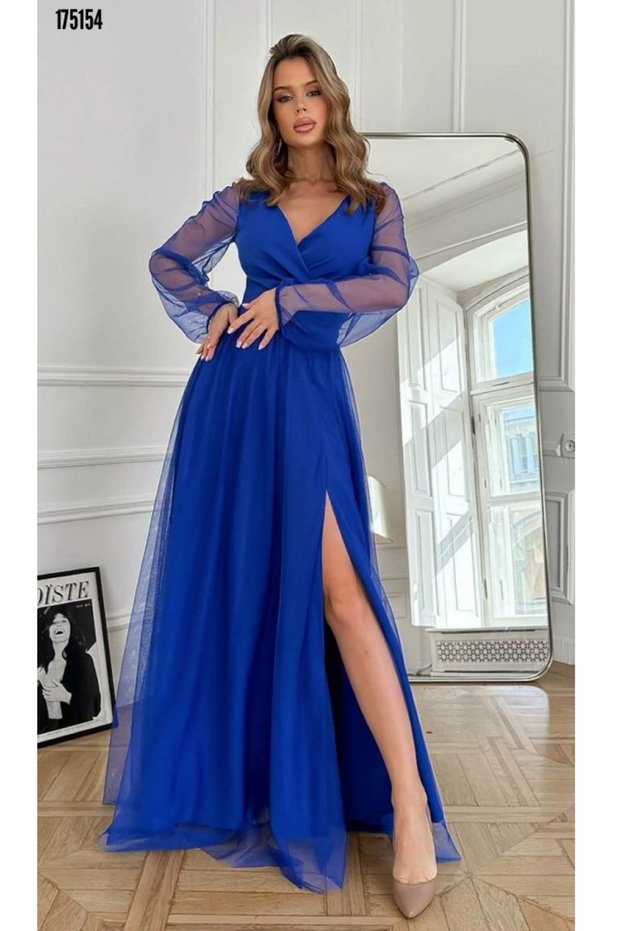 Women's Tulle Long Crepe Dress - Long Sleeves, Double-Breasted Collars and Belted