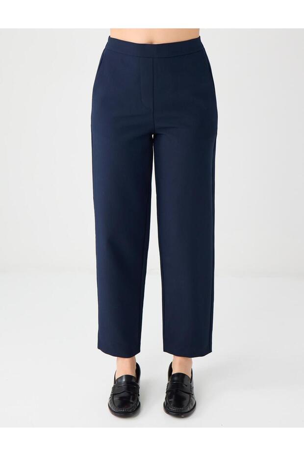Lacivert Normal Bel Normal Paça Beli Lastikli Dokuma Pantolon - 4
