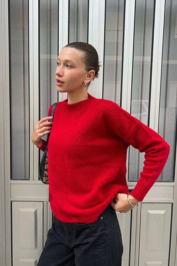 Women's Crew Neck Soft Textured Knit Sweater Red 26W3032