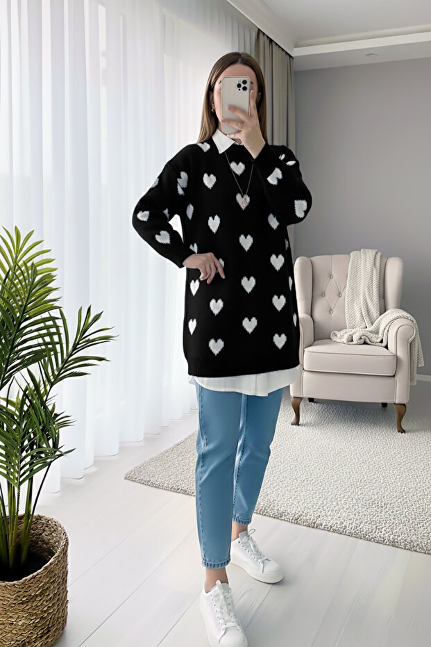 Yumuşak Dokulu Kalp Desenli Yumoş Kazak - Siyah - 4
