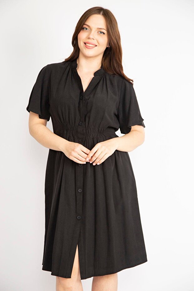 Women's Black Plus Size Front Buttoned Waist Part Rubber Detailed Dress 65n36355