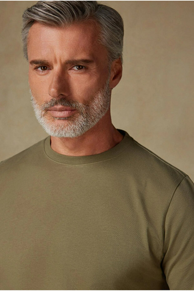 Easy Penye Pamuklu Comfort Fit Haki Bisiklet Yaka Erkek Düz T-Shirt - 7