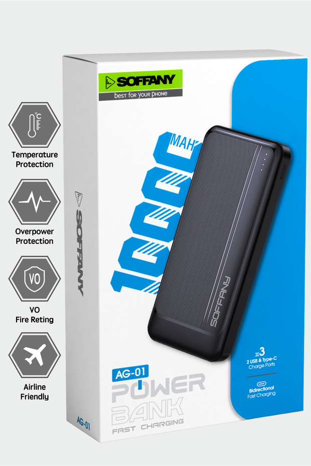 AG01-002 10.000 mAh P.Bank 2 Type-C + 1 USB Girişli Siyah - 4