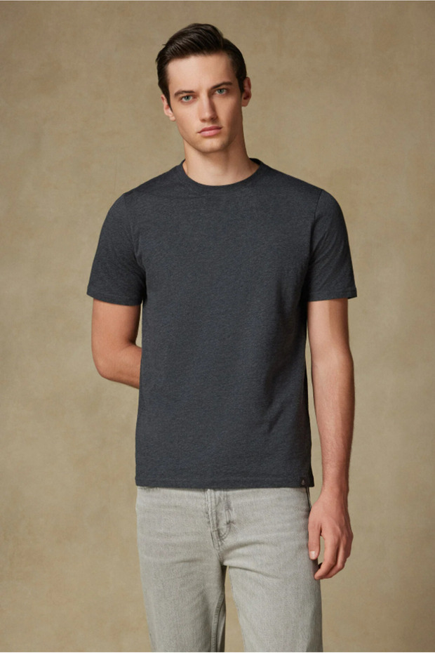 Easy Penye Pamuklu Comfort Fit Koyu Gri Bisiklet Yaka Erkek Düz T-Shirt - 7