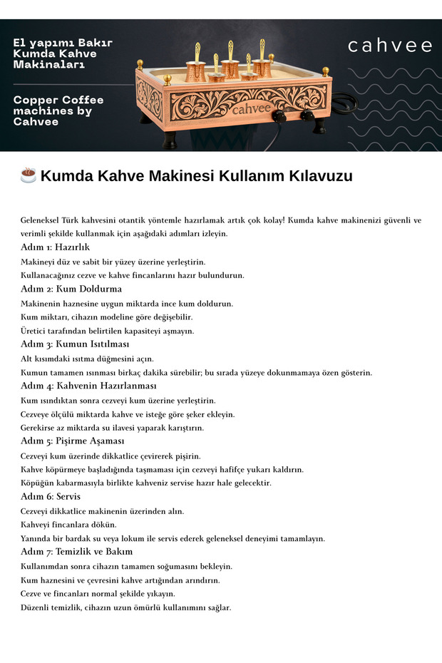 Cahvee Kumda Kahve Makinesi 60x40x25 cm | Cezve Hariç, Bakır, Elektrikli, El Yapımı - 7