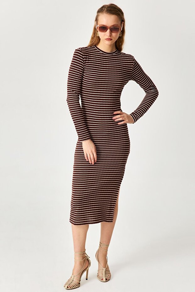 Brown Striped Long sleeve Dress