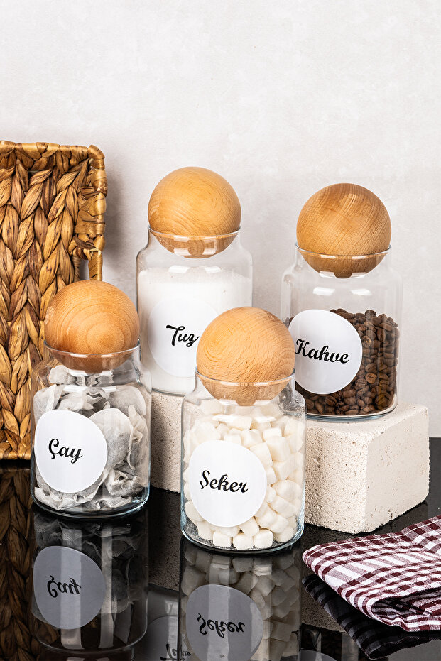 4-Piece Wooden Ball Jar with Lid Set Tea Sugar Coffee Salt Label Storage Container Jar 800ml