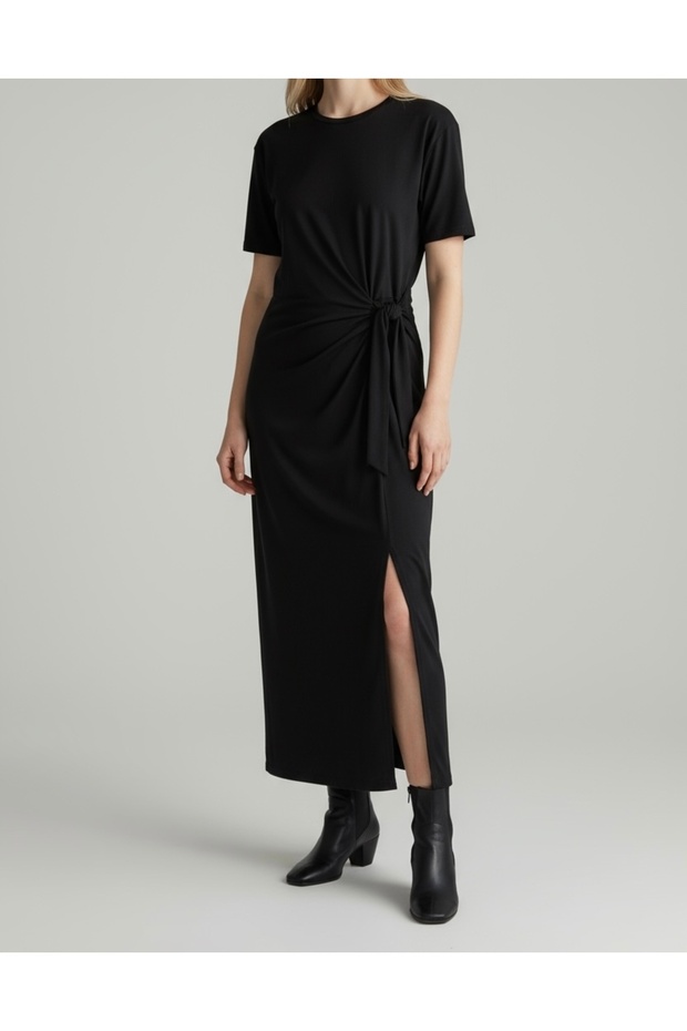 Siyah Bağlamalı Modern Elbise - 1