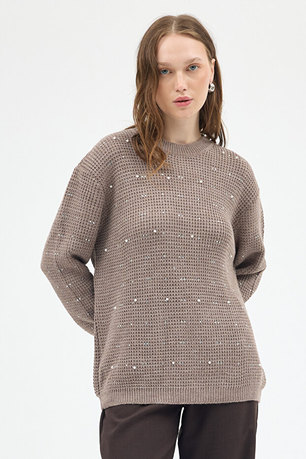 7045 Kol Örgü Detay Taşlı Kazak Koyu Vizon - 7