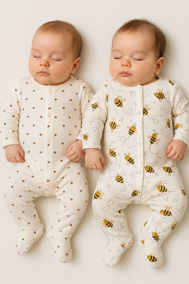 Bee and Small Bee Print 2-Piece Cotton Baby Romper with Booties