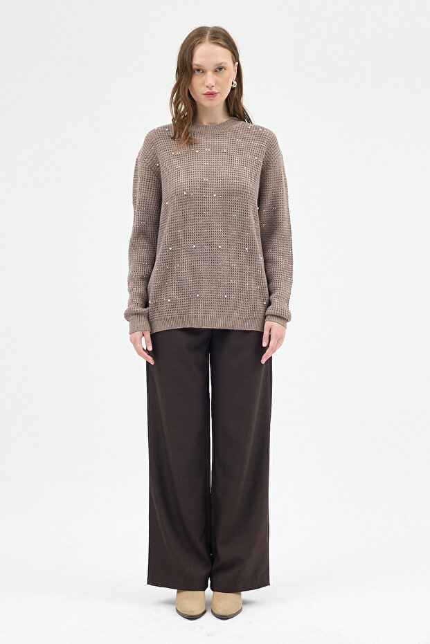 7045 Kol Örgü Detay Taşlı Kazak Koyu Vizon - 2