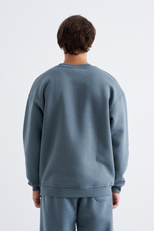 Erkek Basic Bisiklet Yaka Oversize Mavi Sweatshirt - 2