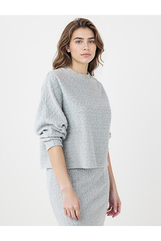 Grı Saç Örgü Desenli Yumuşak Dokulu Örme Sweatshirt - 4