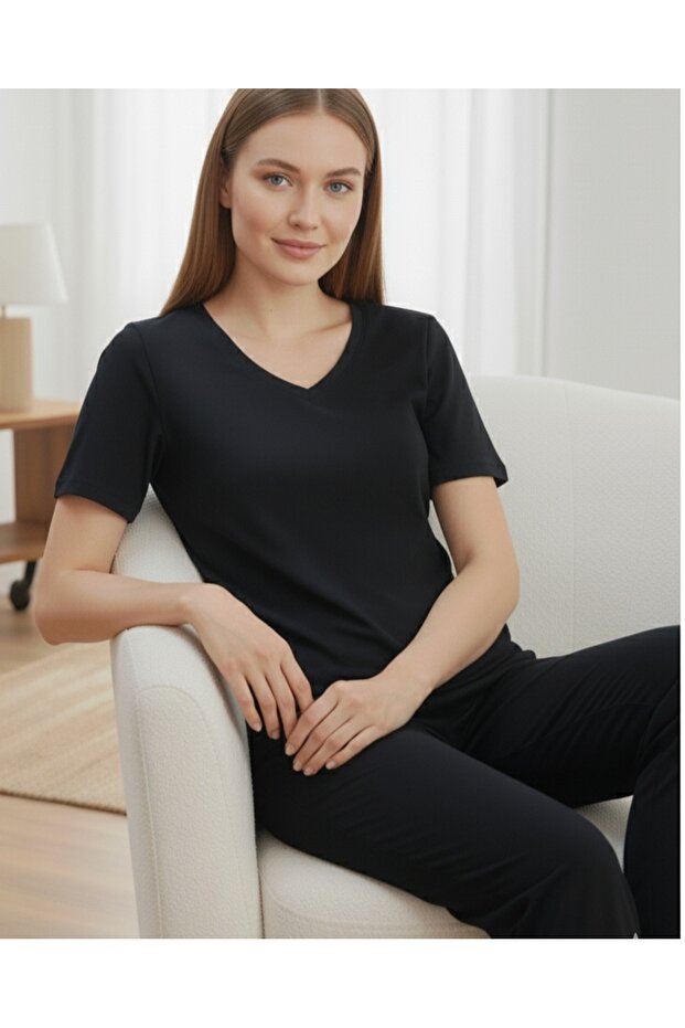 Viscose Knitted V-Neck Short Sleeve Women's Pajamas Set