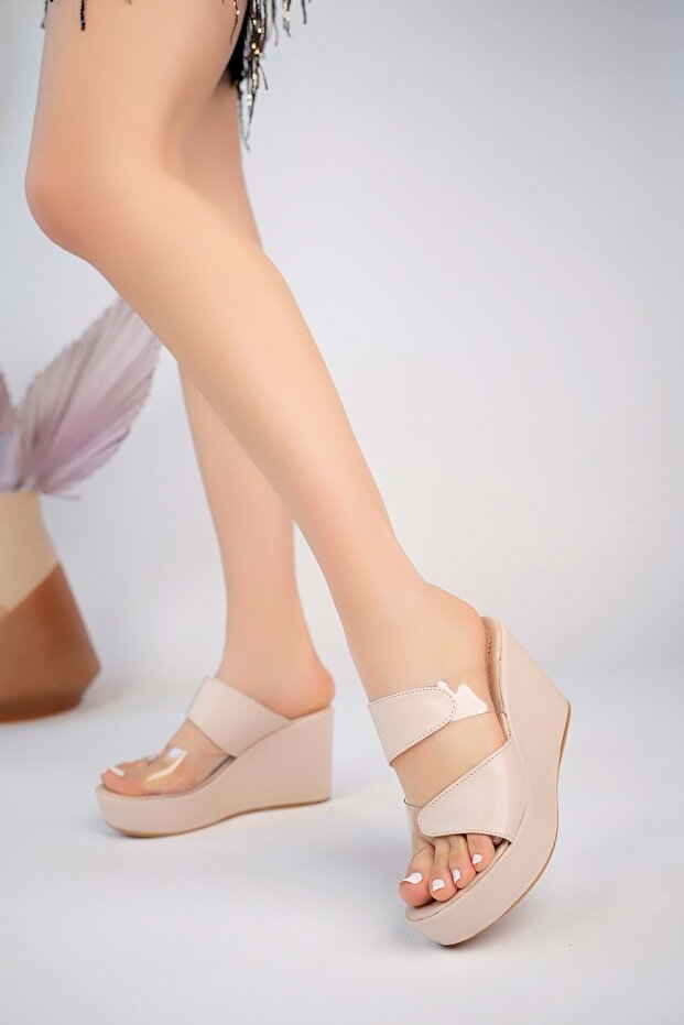 Ba04464 Ten Women's Side Transparent Daily a Piped K Wedge 9cm Heeled Slippers - Tan - 39