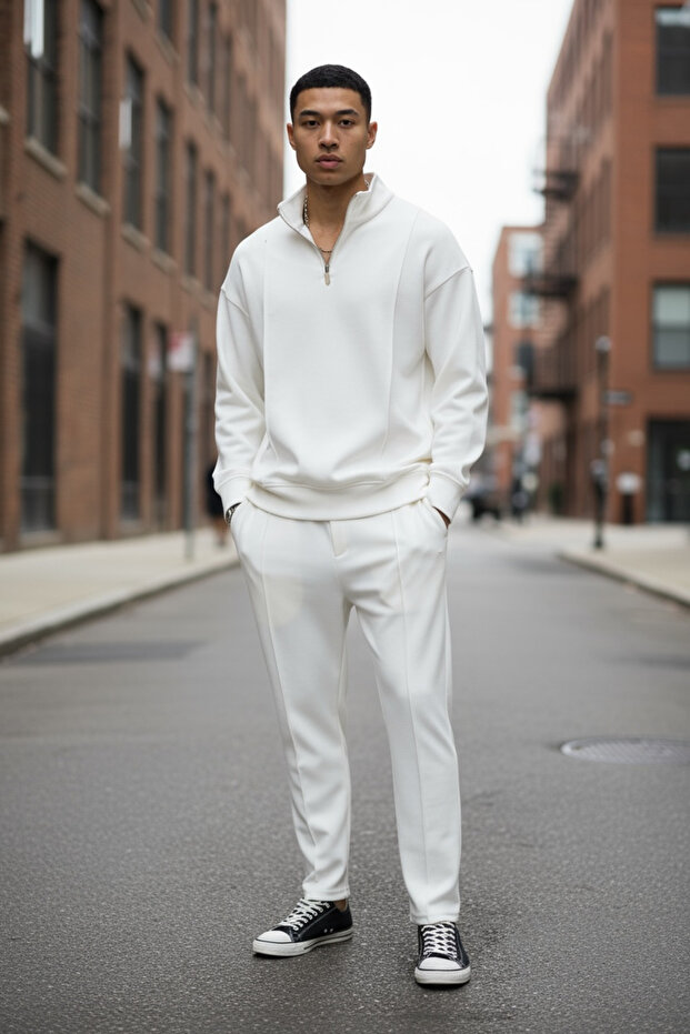 Modal Fabric White Mock Neck Sweat Pants Set