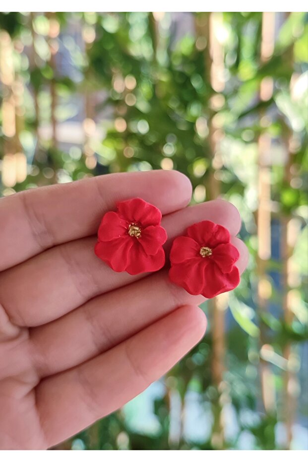 El Yapımı Kırmızı Çiçek Küpe - Sade ve Şık - 5