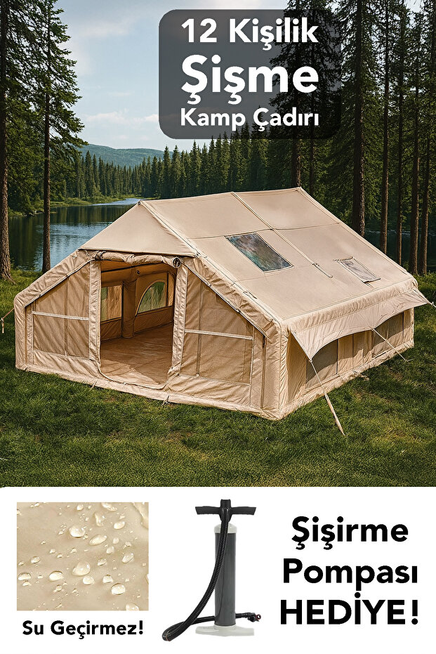 12 Kişilik Şişme Kamp Çadırı - 4 Mevsim Su Geçirmez Pencereli Kamp Çadırı 300x400 cm - 1
