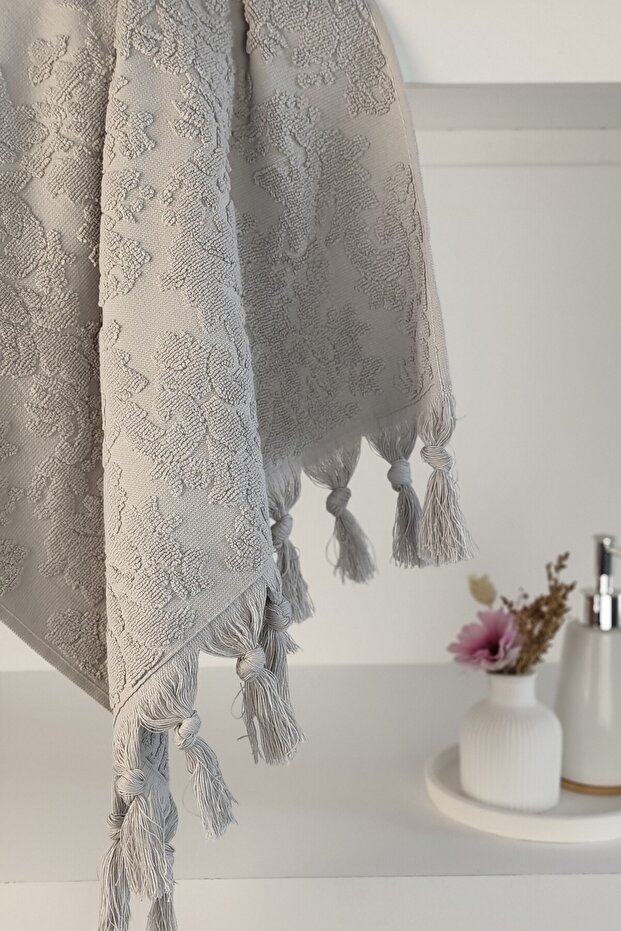 Gray Color Authentic Fringed Hand Towel 50X90 cm - 100% Cotton - Soft and Water Absorbent