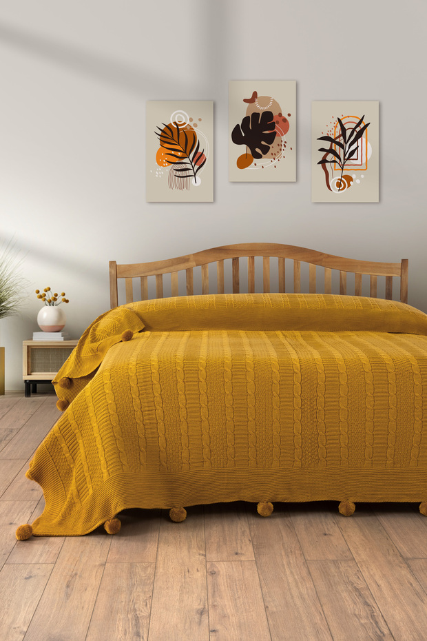 Single Knitted Blanket - Soft Textured & Stylish Bedspread-Knitted Blanket - Mustard - 1