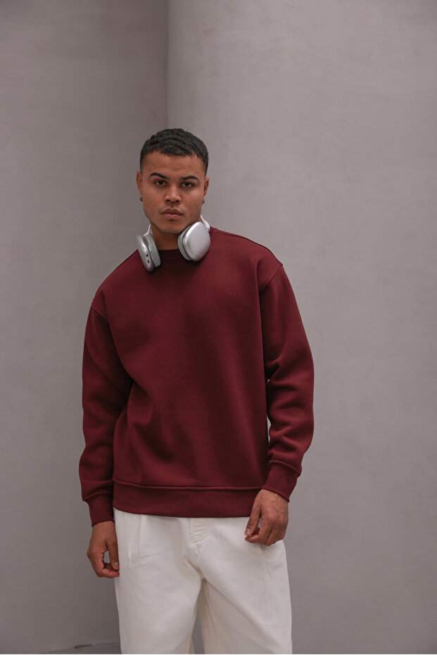 Men's Oversize Sweatshirt Basic Claret Red – Crew Neck, 3 Thread Ribbed