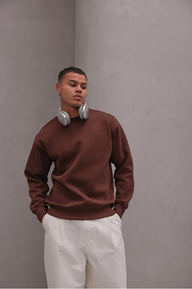 Men's Oversize Sweatshirt Basic Brown – Crew Neck, 3 Thread Ribbed