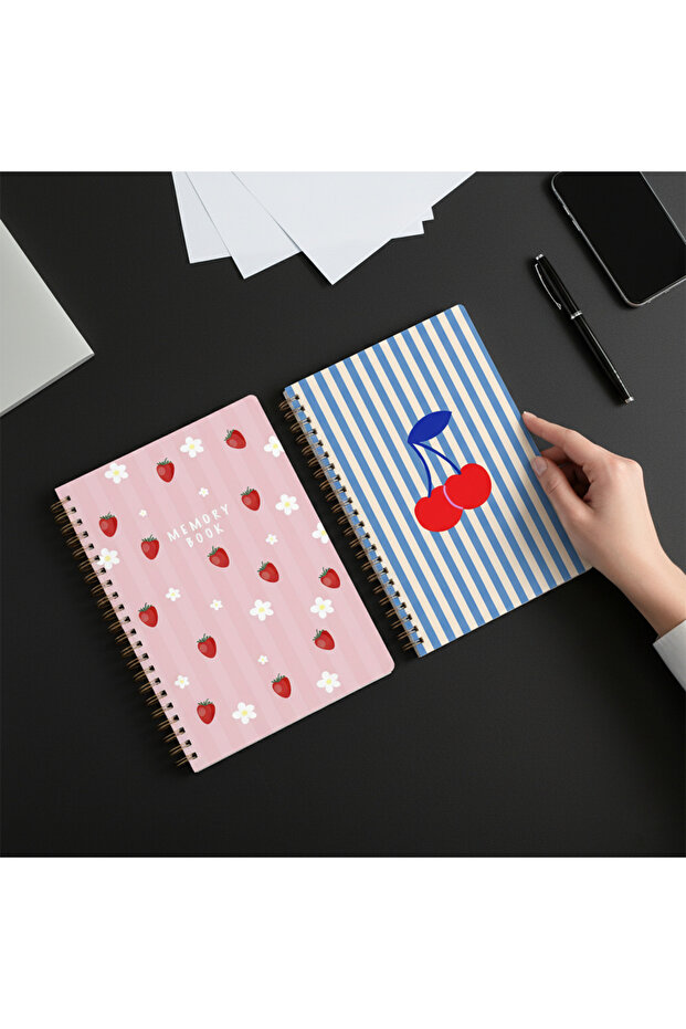 2'li Spiral Telli Kareli Defter Seti - A5 80 Yaprak Telli Okul Defteri | Kiraz ve Çilek Desenli - 1