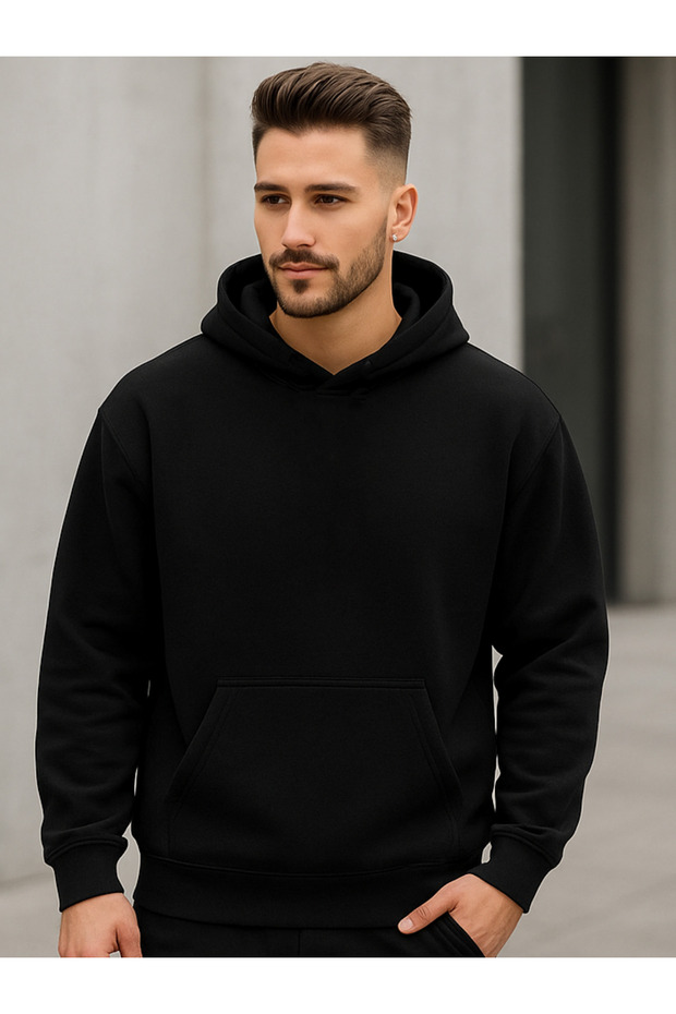 Férfi fekete oversize kapucnis pulóver - 1