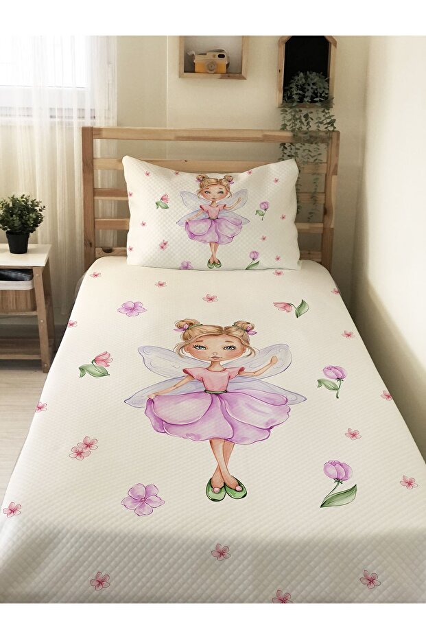 Prenses Kız Desenli, Baskılı Tek Kişilik ve Çocuk Pike Takımı - 3