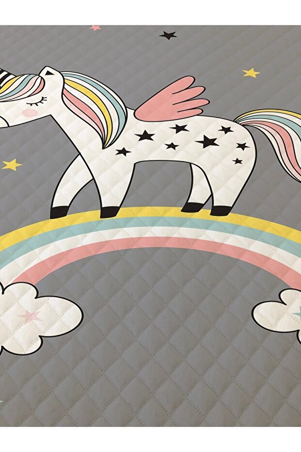 Gökkuşağı Unicorn Desenli Bebek Ve Çocuk Baskılı Tek Kişilik Pike Takımı 160 X 220 Cm Gri - 4