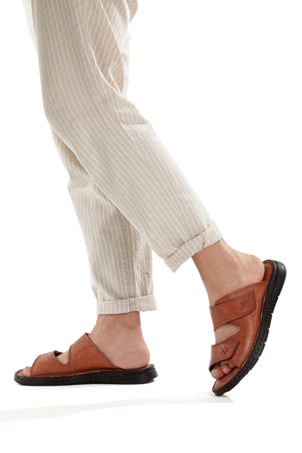 Erkek Hakiki Deri Yumuşak Tabanlı Bantlı Terlik - 2