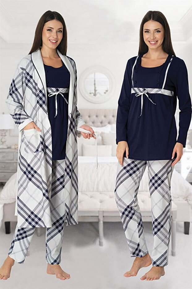 Effortt Navy Blue Maternity Pajama Set with Dressing Gown