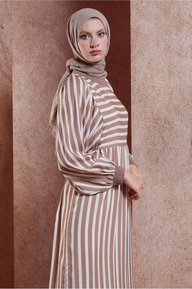 Striped Balloon Sleeve Dress 44546