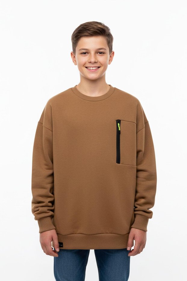 Crew Neck Boys' Sweatshirt with Pocket Zipper Detail