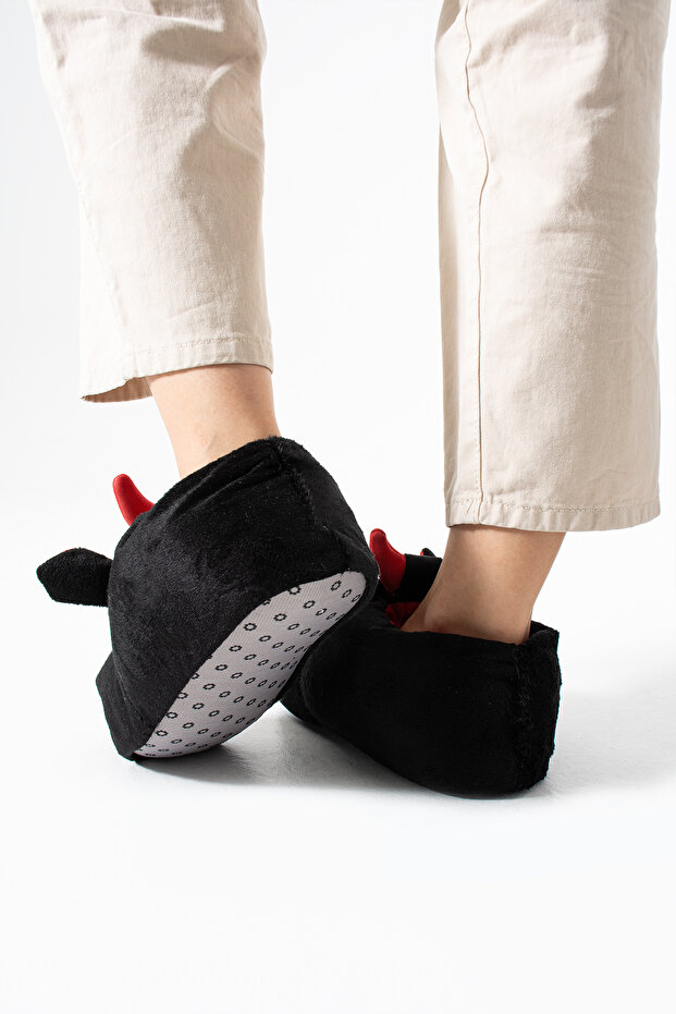 Siyah Boğa Sessiz Taban Panduf Peluş Ev Ayakkabısı - 8