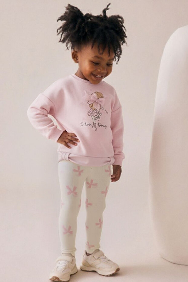 Girl's Printed Bow Detailed Tights Double Set Pink