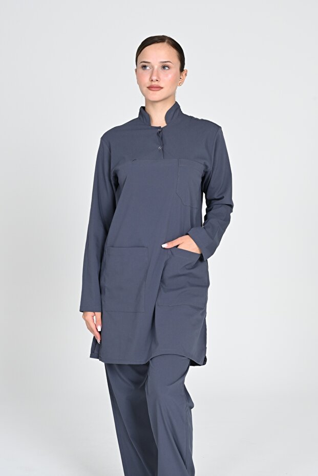 Tesettür Gray Lycra Doctor and Nurse Uniform Medical Surgical Suit