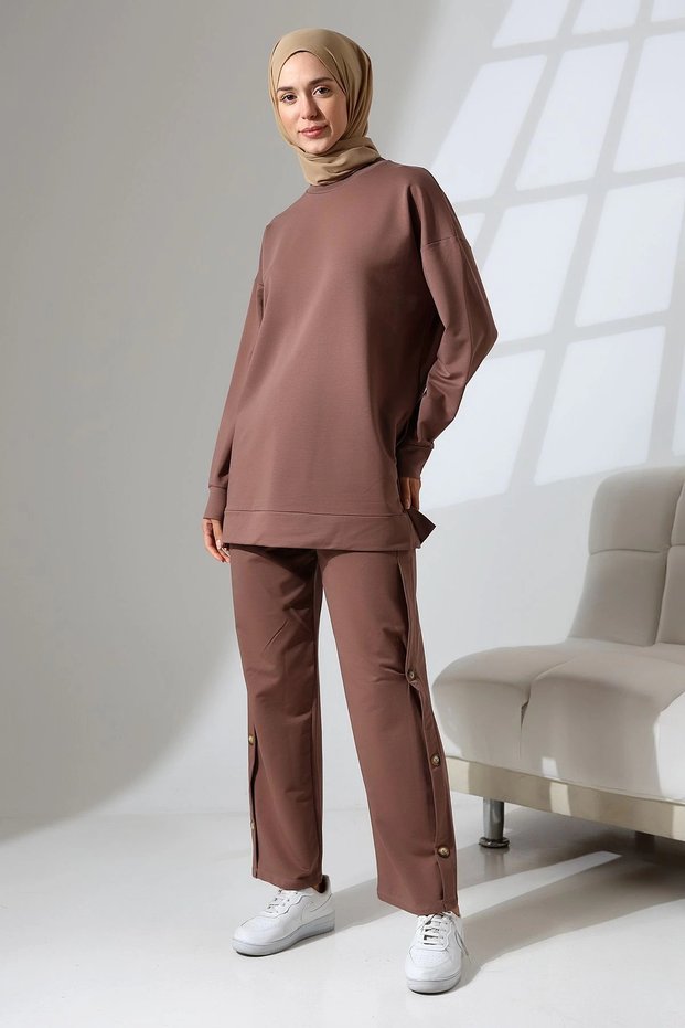 Women's Brown Seasonal Combed Cotton Bottom Top Sports and Comfortable Double Tunic Pants Stylish Hijab Suit