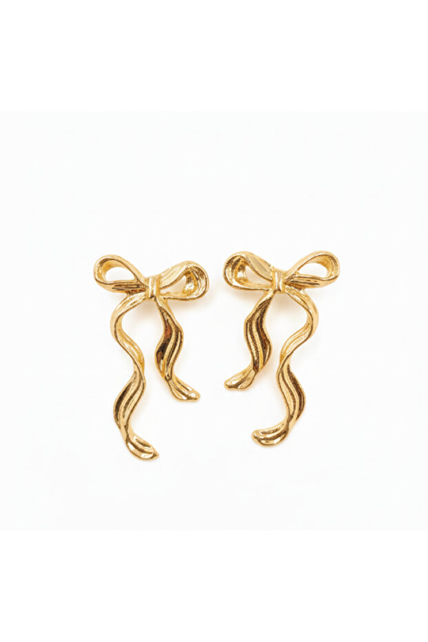 Women's Gold Color Long Bow Model Earrings – Elegant, Shiny and Modern Design