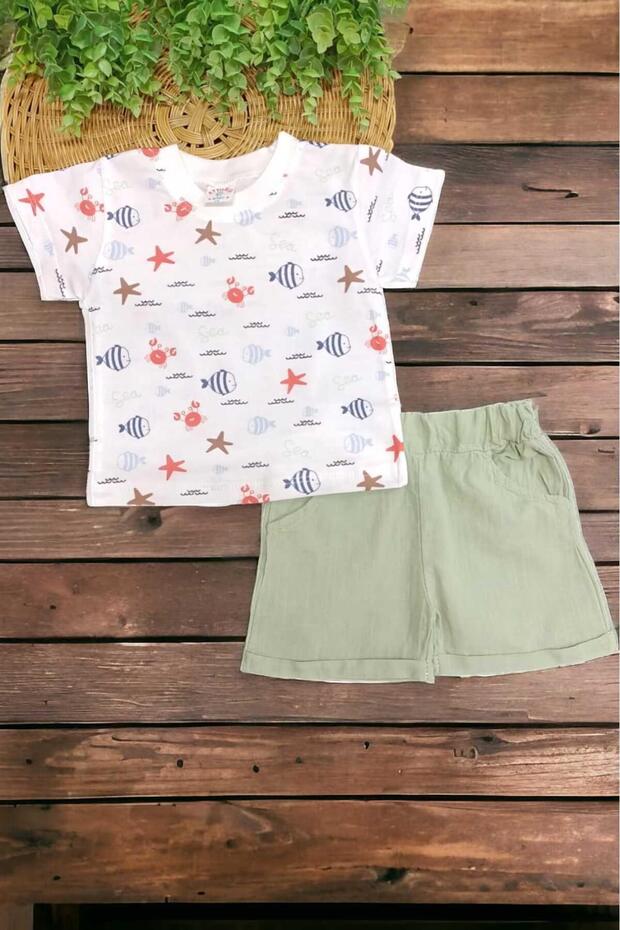 Baby Boy Sea Patterned 2-Piece Top and Bottom Muslin Shorts Set Summer Thin 100% Cotton