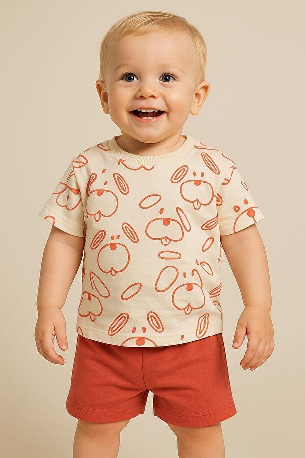 Baby Boy Dog Patterned Dog 2-Piece Summer Suit Top and Bottom 6-9-12Months