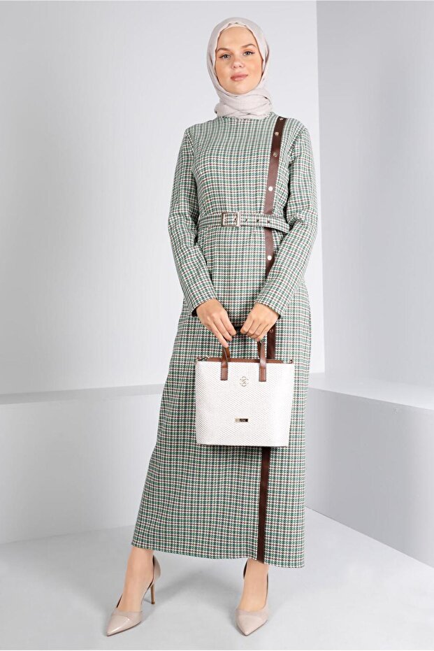 Belted Hawk Eye Patterned Dress 43405