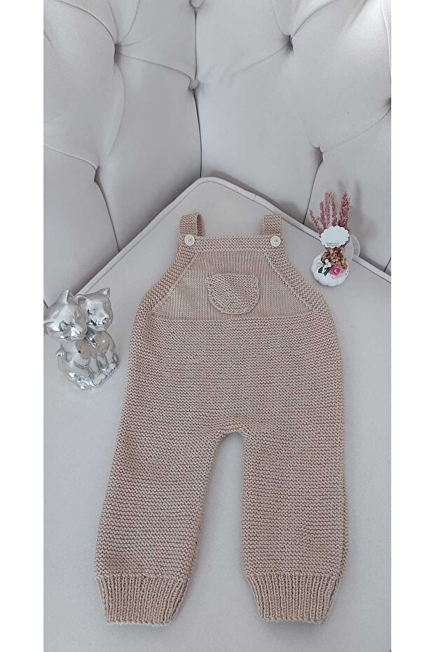 Beige Color Newborn Gift Hand Knitted Cotton Baby Salopet 1 - 2 Years Old