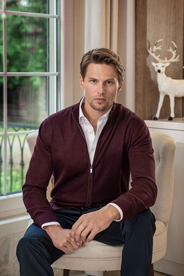 Double Zippered Woolen Burgundy Knitwear Cardigan
