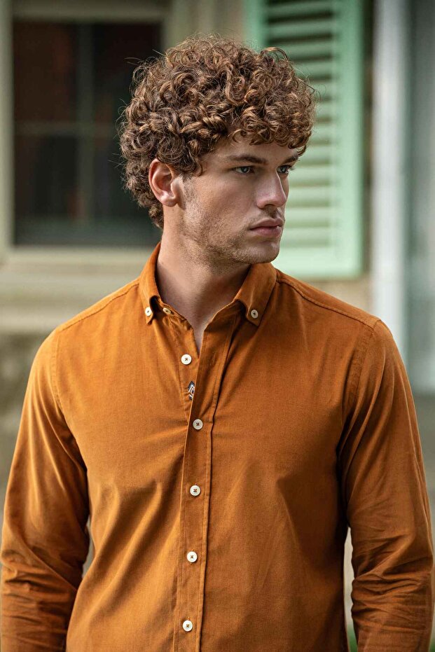 Velvet Collar Buttoned 100% Cotton Comfort Fit Mustard Men's Shirt