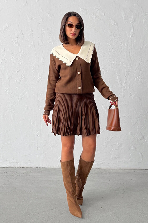 Női barna, stílusos hajtókás, részletgazdag kardigán blúz szoknya alsó felső kétrészes szett (új szín) - 6