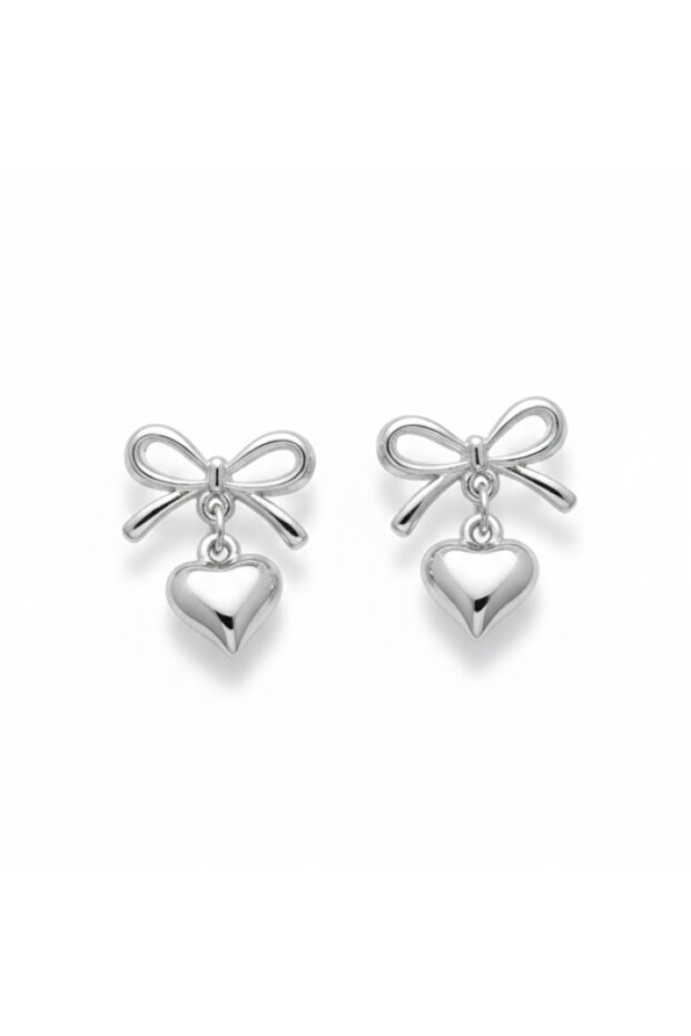 Women's Silver Color Bow and Heart Model Earrings – Romantic and Elegant Touch