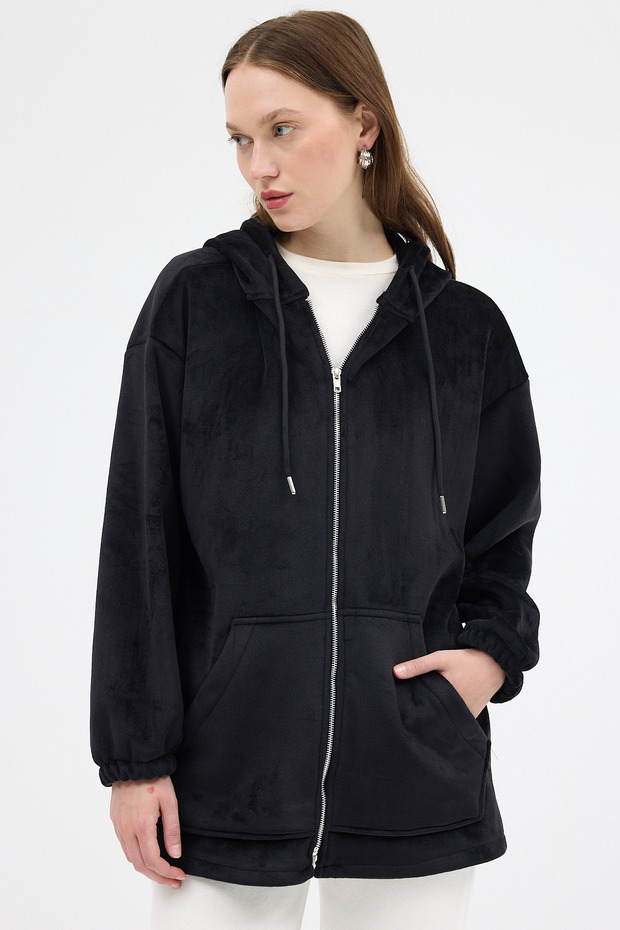 3057A Zippered Plush Jacket Black - 1