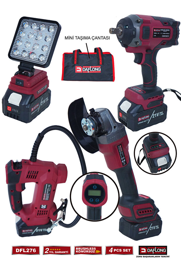 Daflong PRO 4'LÜ 1600NM TORKLU+ MATKAP+6 KADEME DEVİR AYARLI TAŞLAMA+LASTIK ŞİŞİRME POMPASI DFL-276