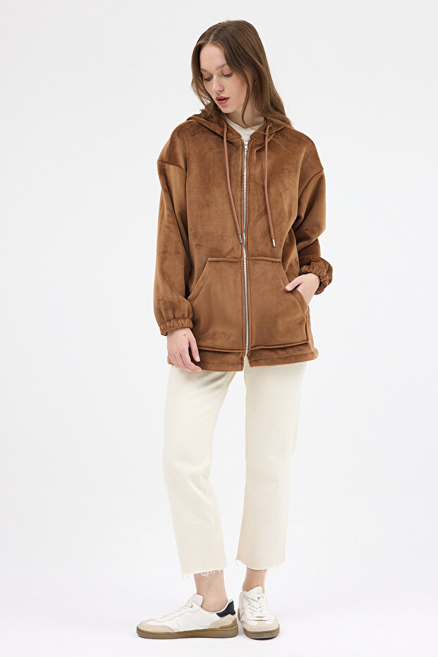 3057A Jachetă de pluș cu fermoar, maro - 3